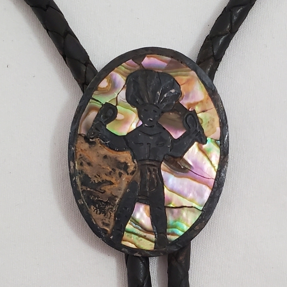 Vintage Native American Sterling Silver Abalone & Leather Bolo Tie - Picture 6 of 13